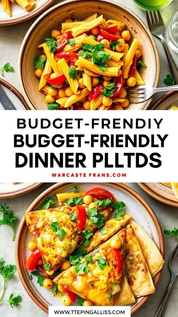 Budget-friendly dinner plates with pasta primavera, chickpea stir-fry, and vegetable quesadillas on a rustic table.